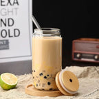500ml Bubble Tea Glass Cup with Bamboo Lid & Straw – Reusable Tumbler for Iced Coffee, Tea & Beverages