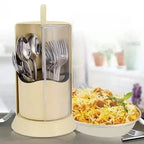 Covered Cutlery Holder – Rotating Utensil Organizer with Transparent Lid & 4 Compartments for Kitchen Storage