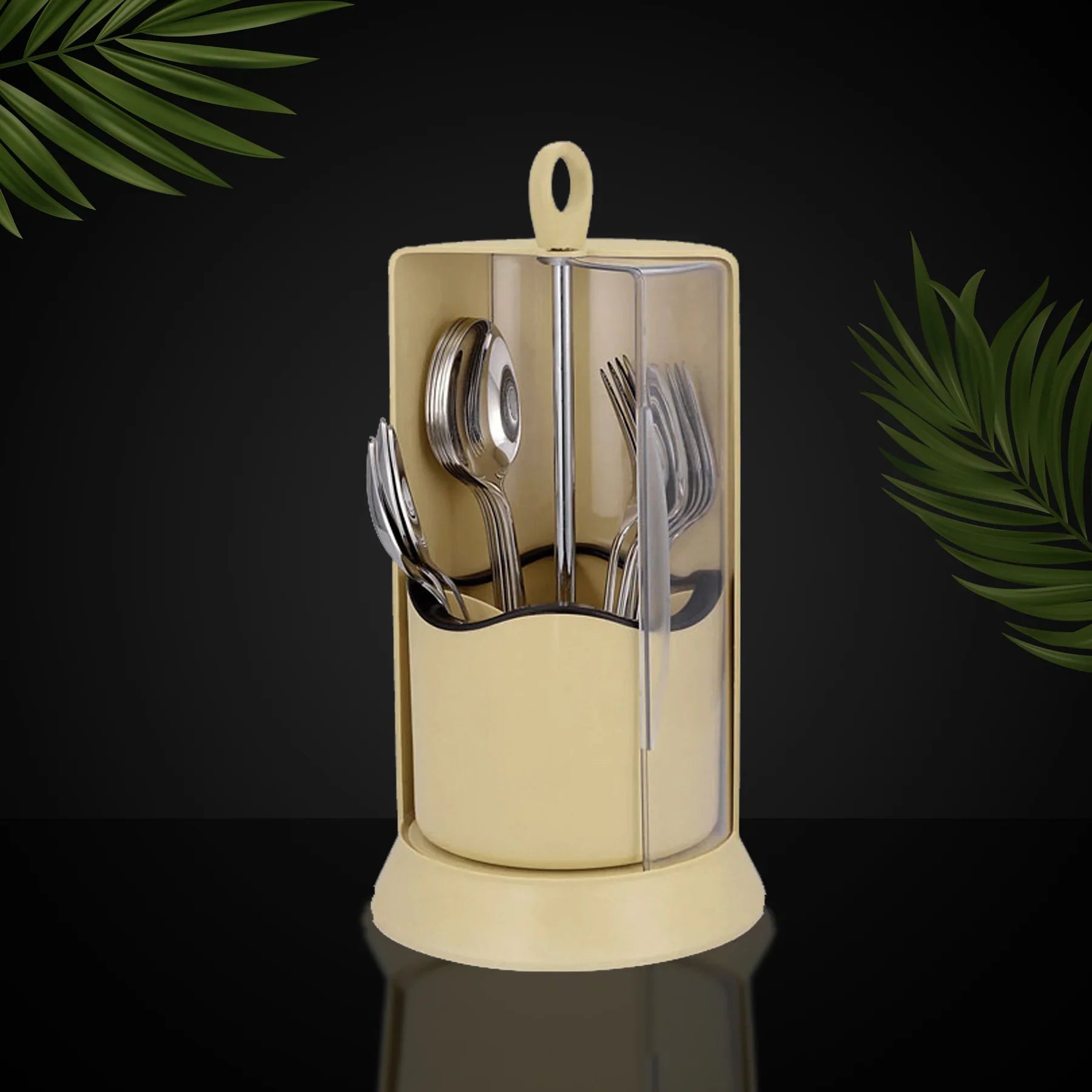 Covered Cutlery Holder – Rotating Utensil Organizer with Transparent Lid & 4 Compartments for Kitchen Storage